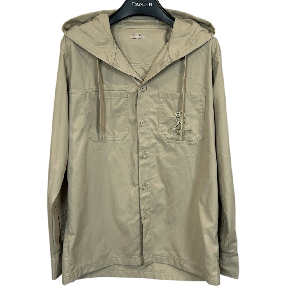 Under Armour AllSeasonGear Button Up Hoodie Shirt Jacket Khaki Beige Mens Medium